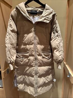 Long Hooded Puffer Coat in Light Beige